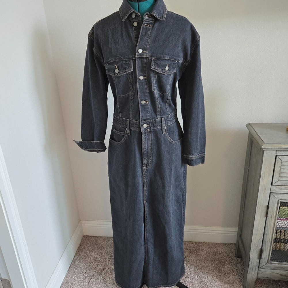 Universal Thread Denim Maxi Dress Womens 12 Dark Blue Long Sleeve 70s 80s Boho